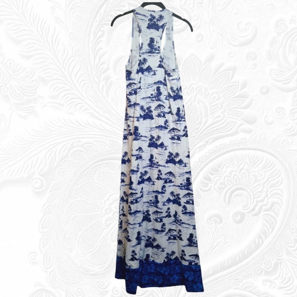 NWOT! Tommy Bahama White Racerback Maxi Dress Blue Island Themed Designs  - Picture 5 of 6